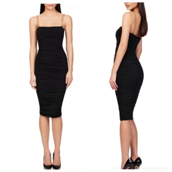 Nookie Chain Strap Allegra Midi Bodycon Ruching Cocktail Dress XS in Black - Picture 1 of 8